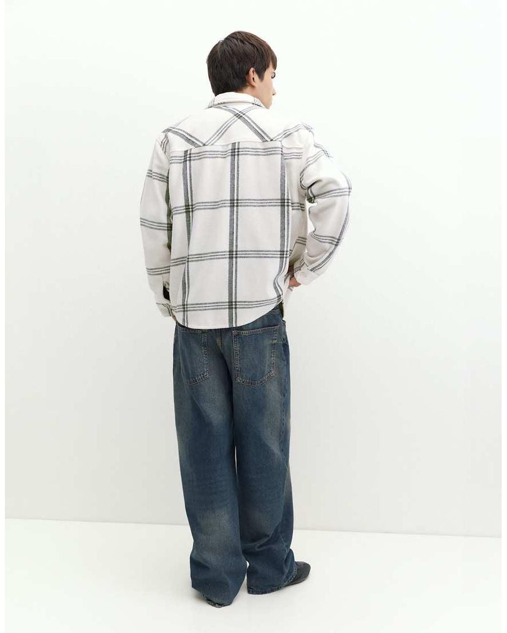 Pull&Bear White Checked Long Sleeve Overshirt for men