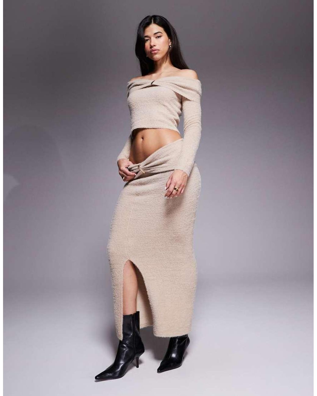Aria Cove Gray Fluffy Knit Bardot Metal Detail Jumper Co-ord