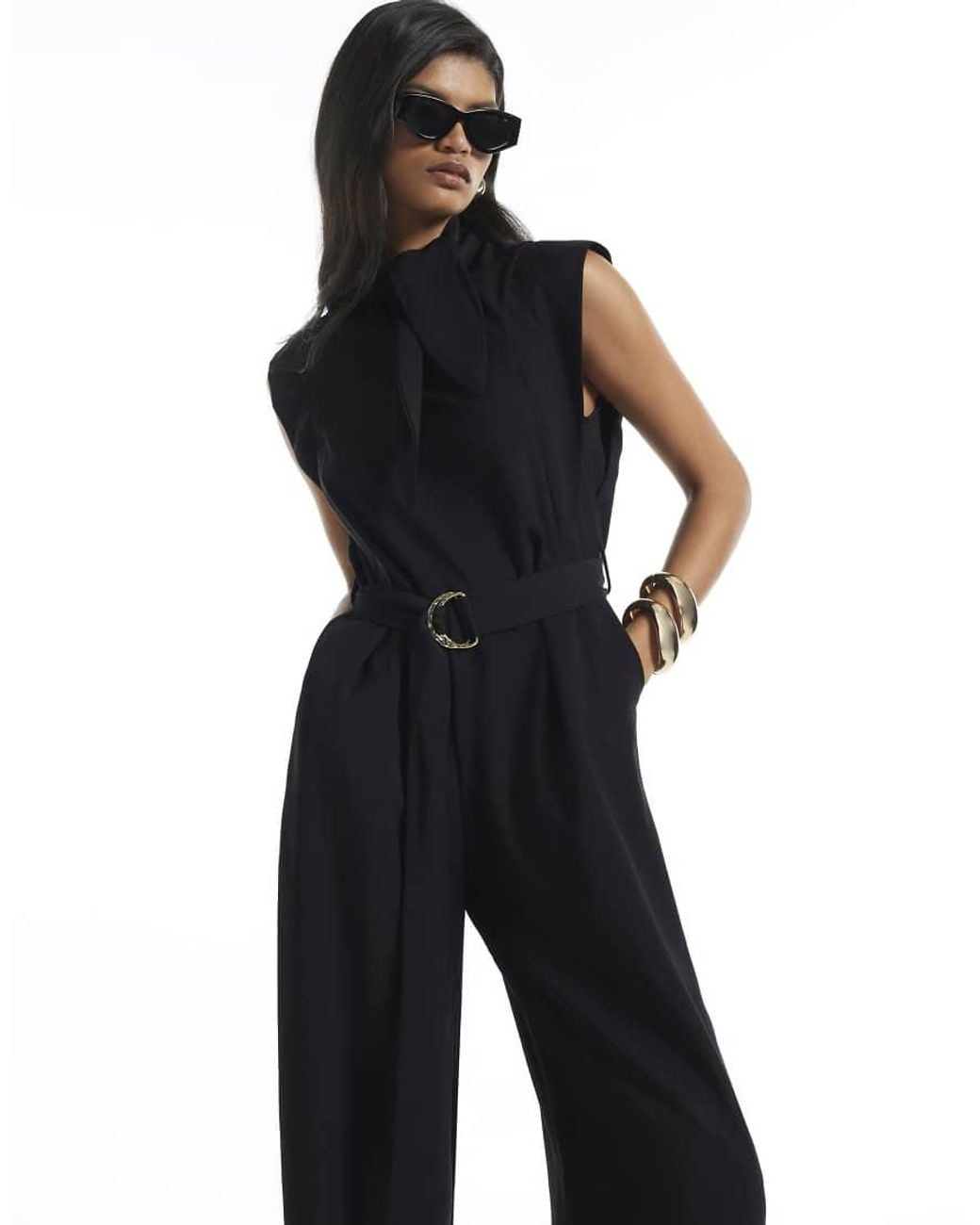 River Island Blue Neck Tie Jumpsuit