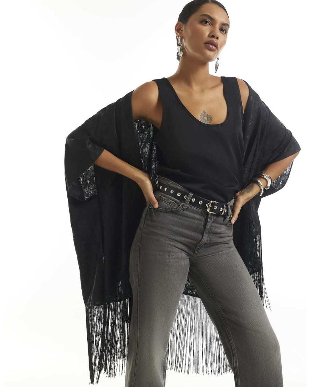 River Island Black Jacquard Tassel Trim Kimono