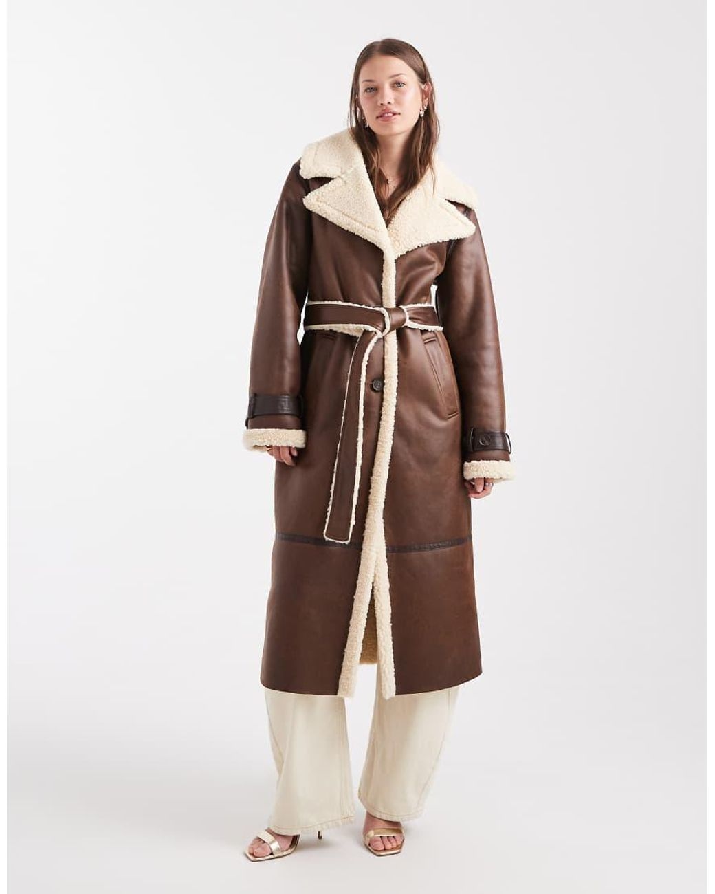Miss Selfridge Natural Suedette Borg Belted Wrap Coat