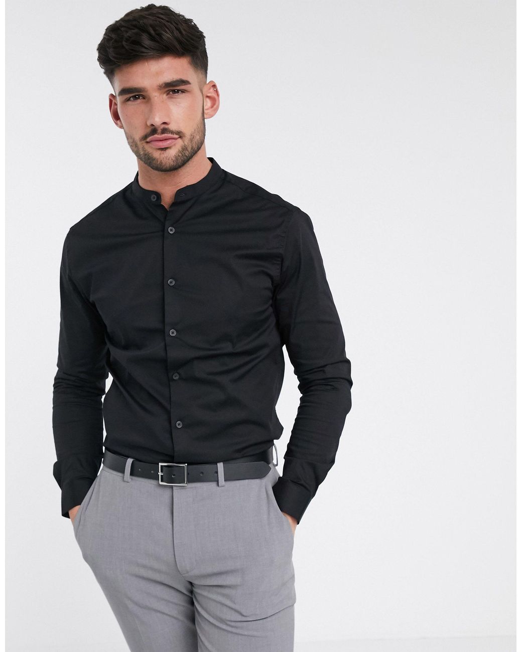 Camisa negra ajustada y elastica con cuello mao ASOS de hombre de color Negro Lyst
