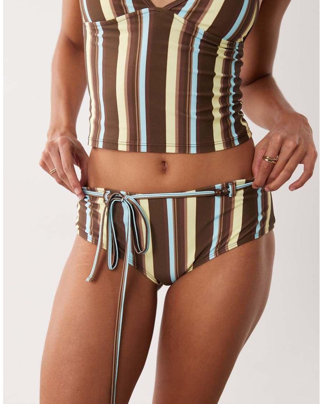 Motel Brown Avi Tie Waist Striped Bikini Shorts