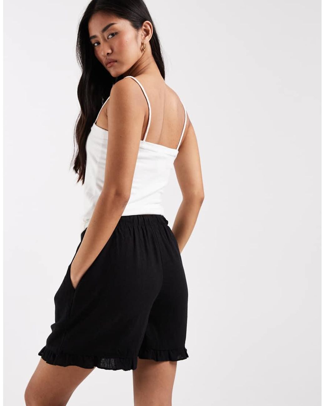 New Look Black Ruffle Linen Blend Pull On Shorts