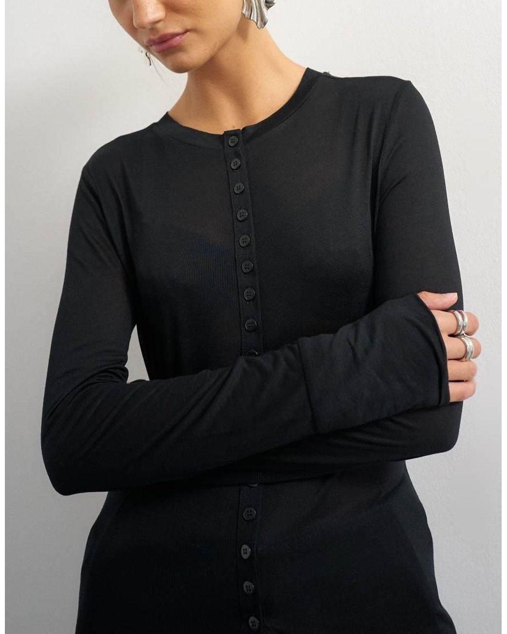 TOPSHOP Black Sheer Button Down Long Line Top