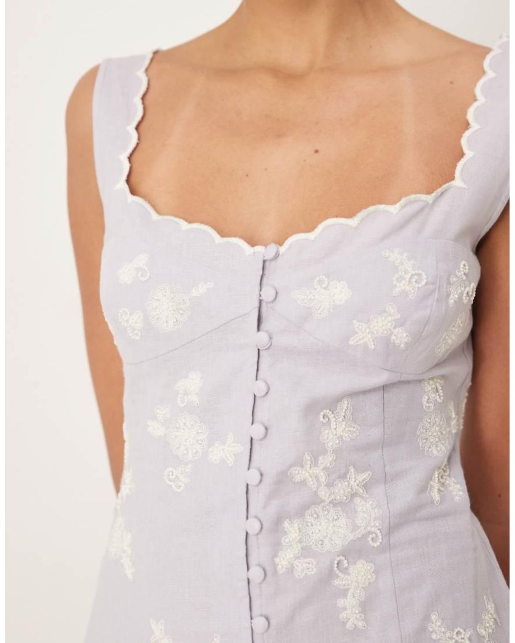ASOS Purple Scalloped Button Down Mini Dress With Pleated Hem And Floral Embroidery