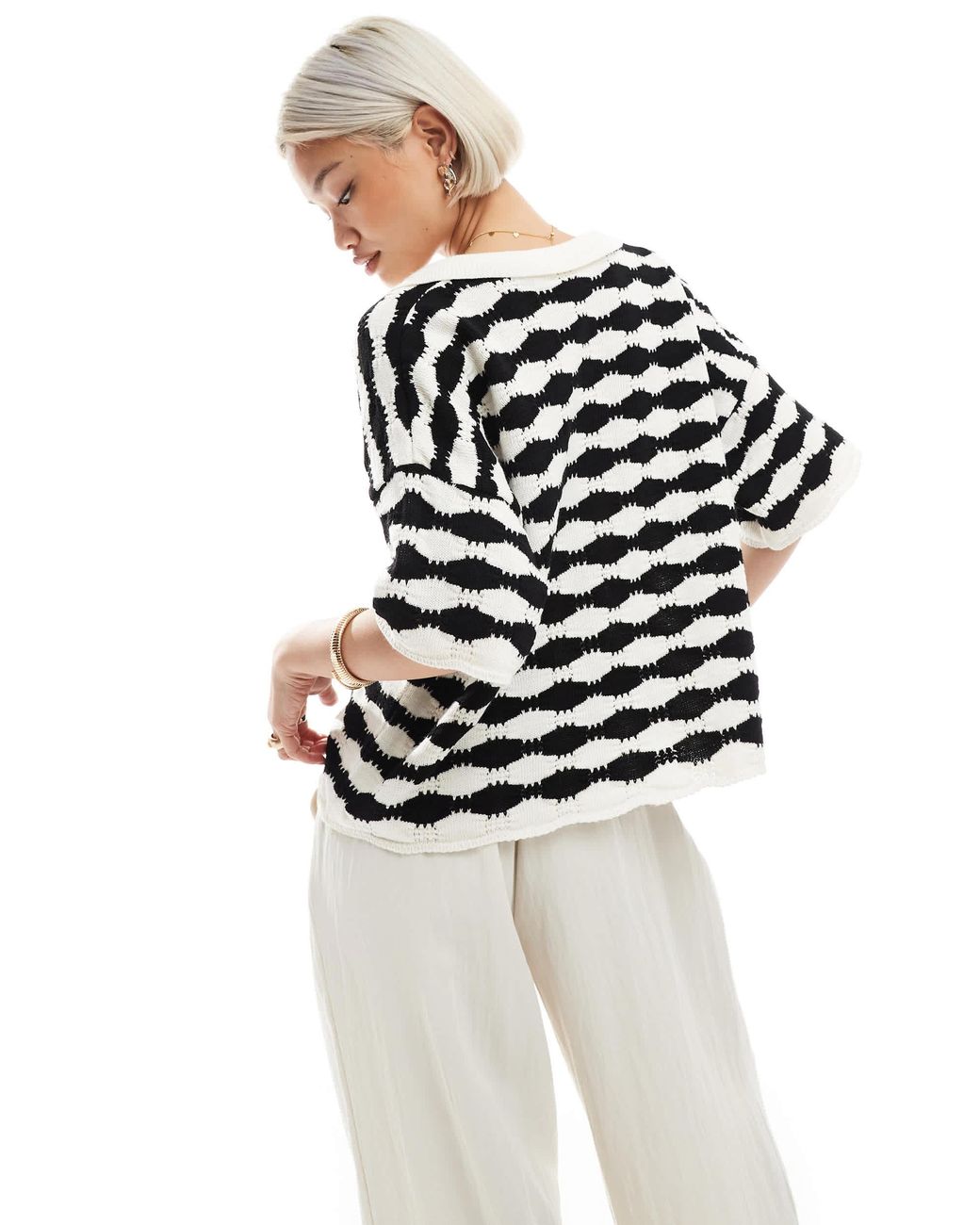 ASOS White – locker geschnittenes poloshirt aus strick mit schwarz-weißen streifen