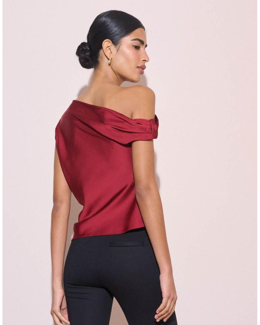 Nobody's Child Red Katty Satin One Shoulder Cap Sleeve Pleat Detail Top