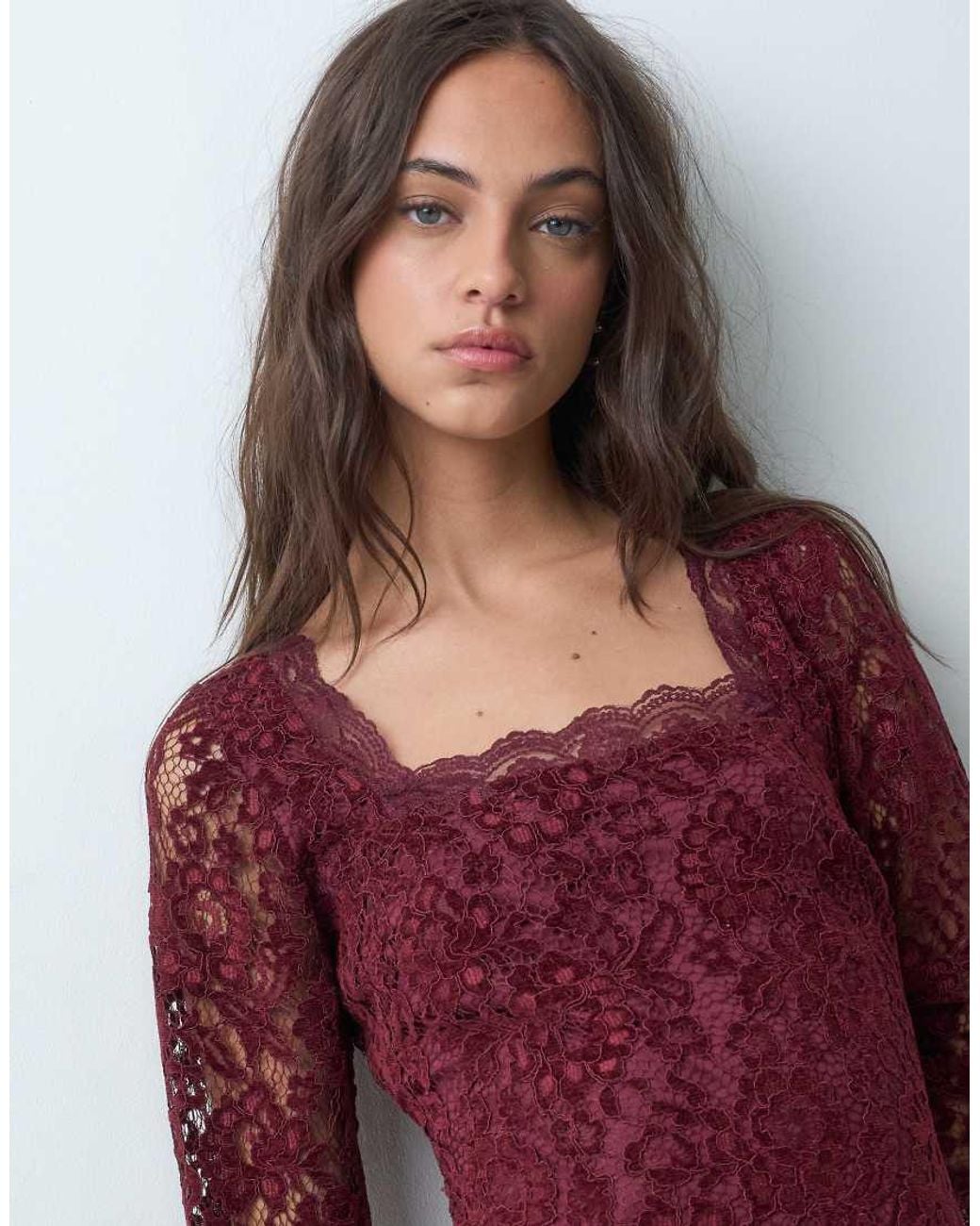 New Look Red Square Neck Long Sleeved Lace Mini Dress