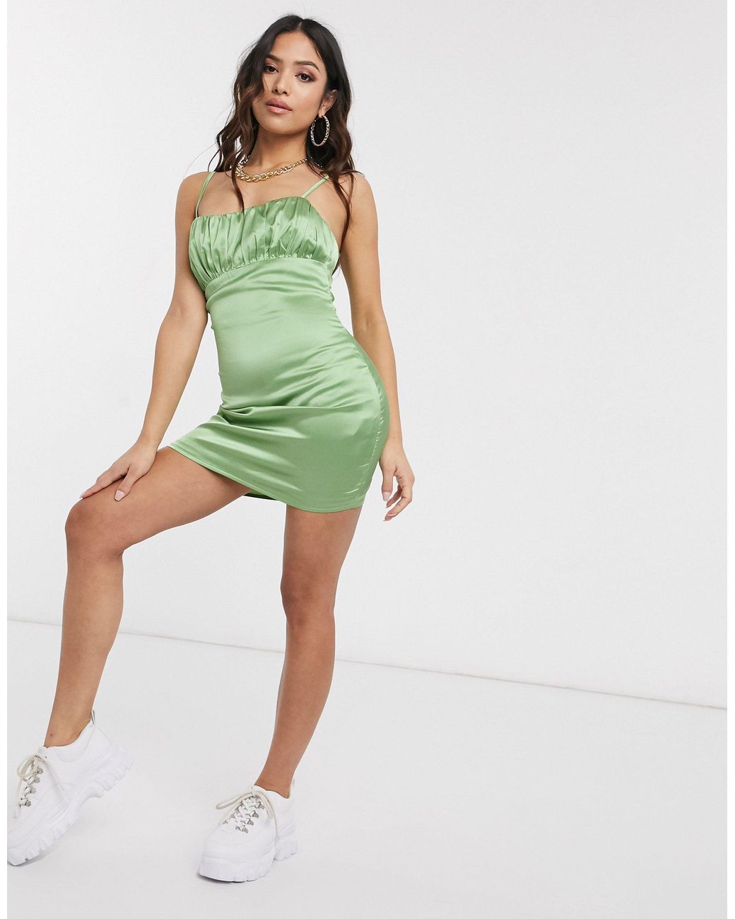 Missguided Satin Ruched Mini Dress in Green