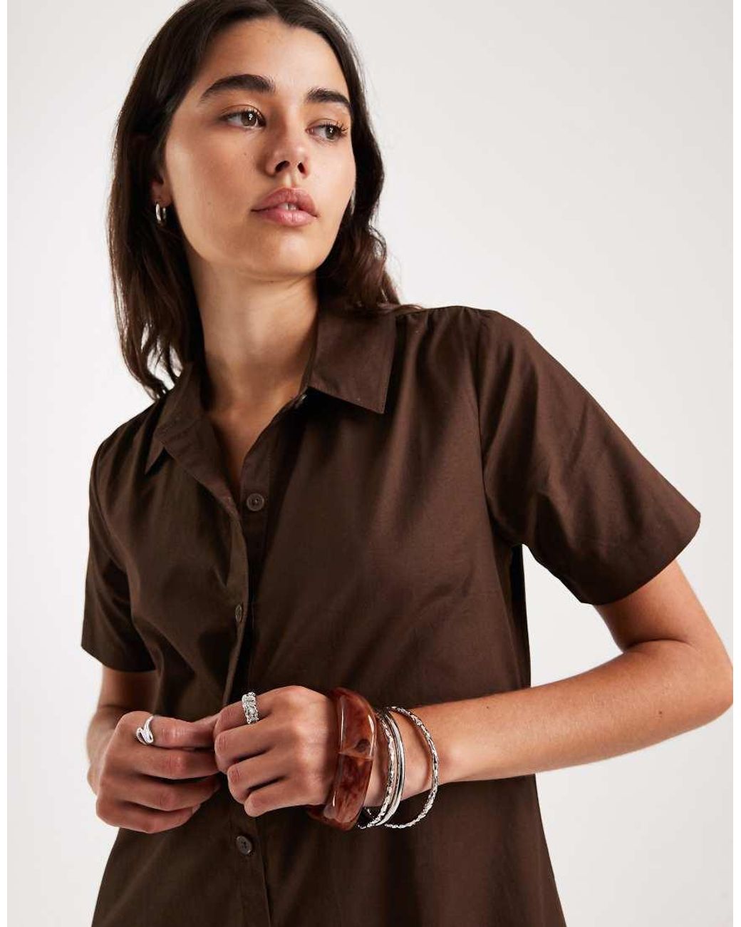 Threadbare Brown Poplin Tiered Midi Shirt Dress
