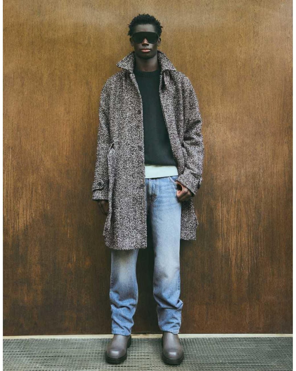 Bershka Green Felt-effect Herringbone Coat With Belt for men