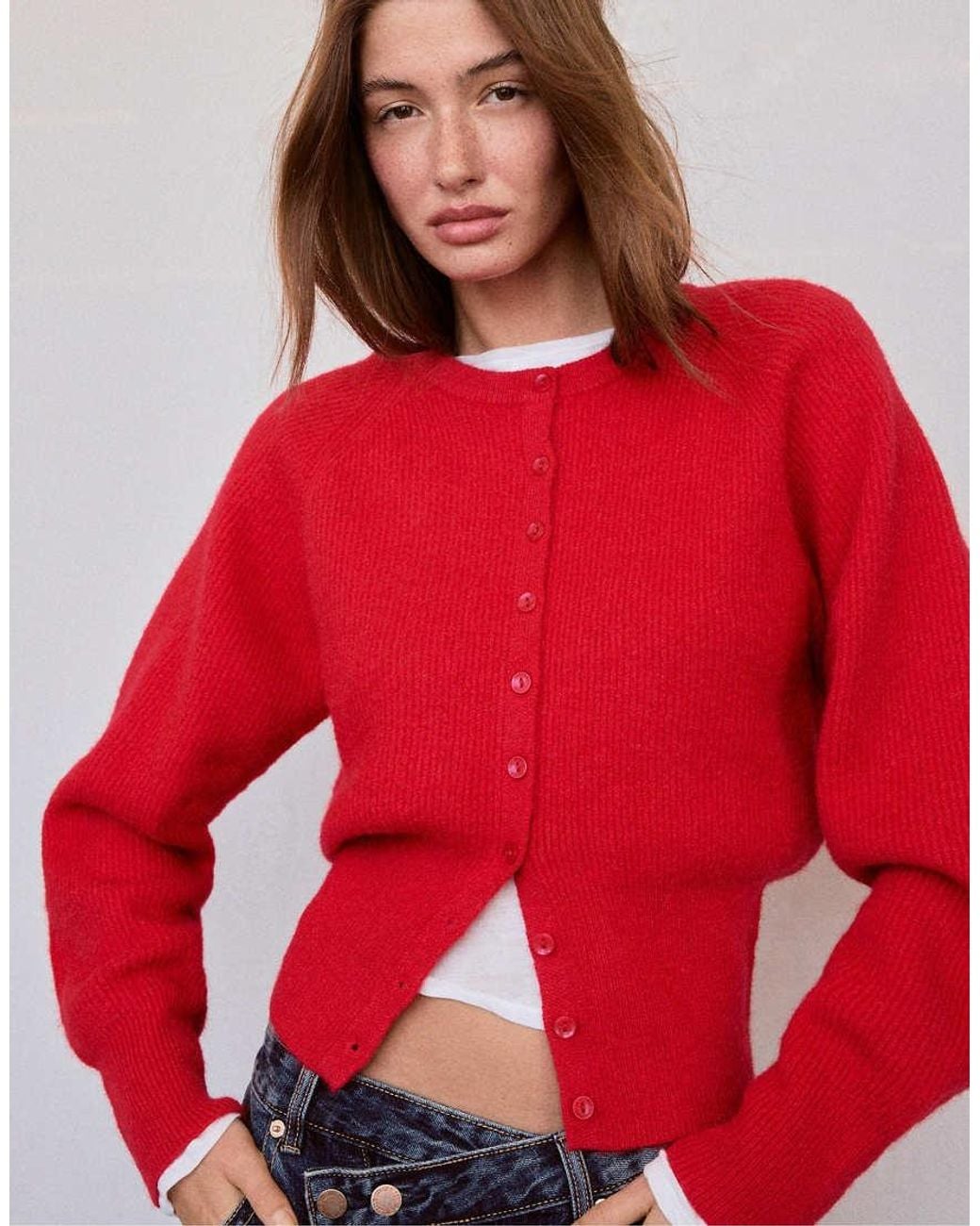 Stradivarius Red Raglan Sleeve Knit Cardigan