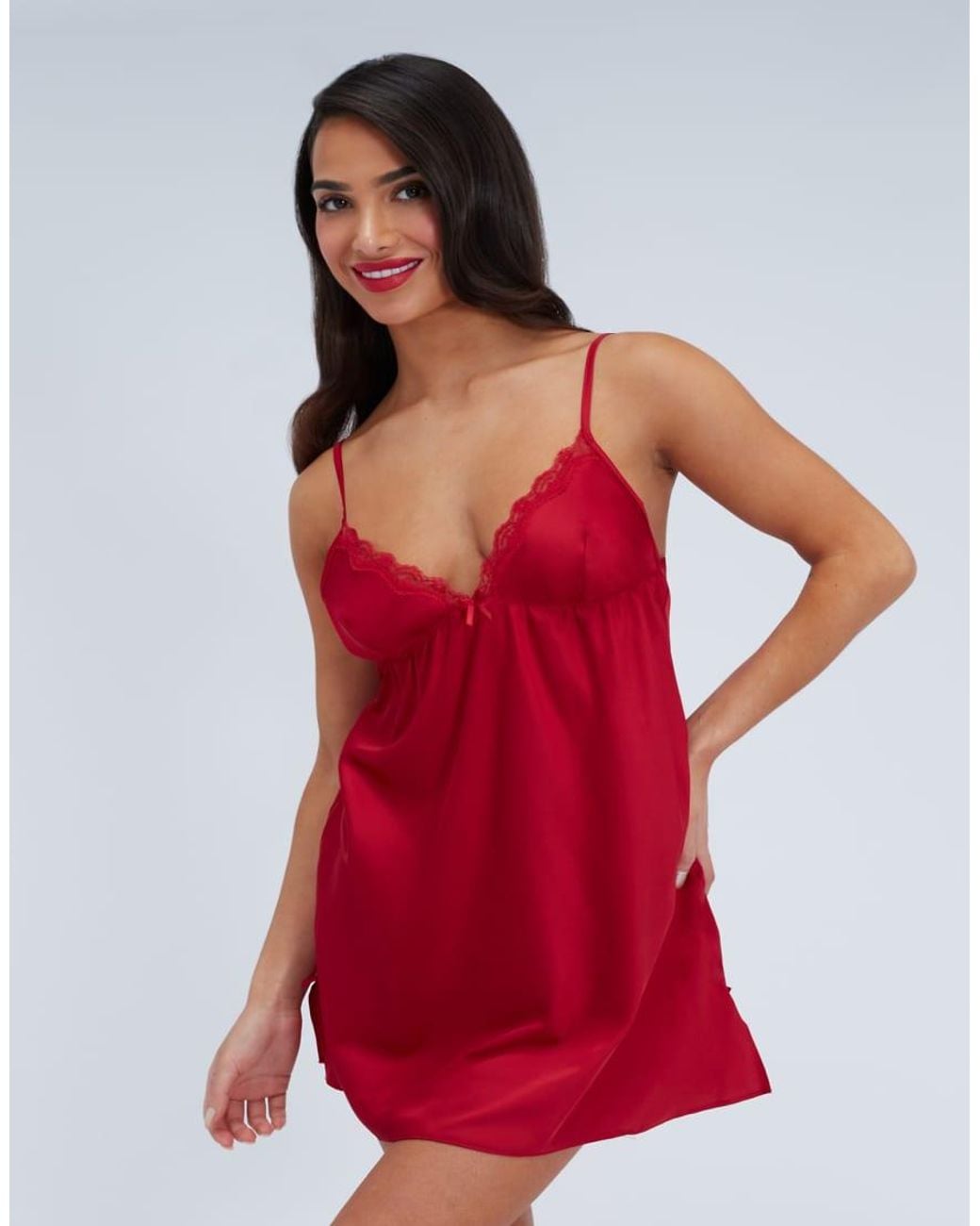Boux Avenue Red Kaya Satin Chemise Floral Comfy Adjustable Straps Nightgown