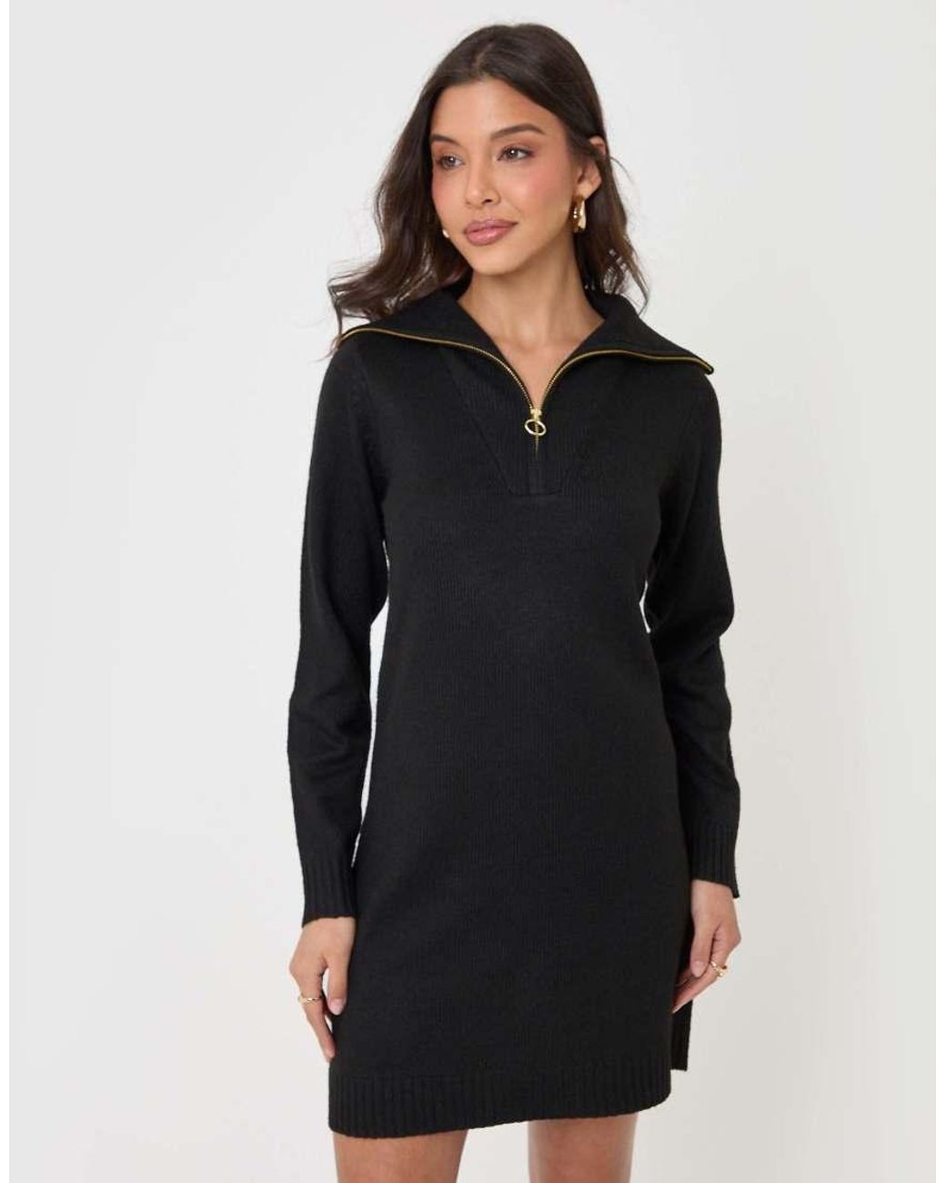 Threadbare Black Quarter Zip Brushed Knit Mini Dress