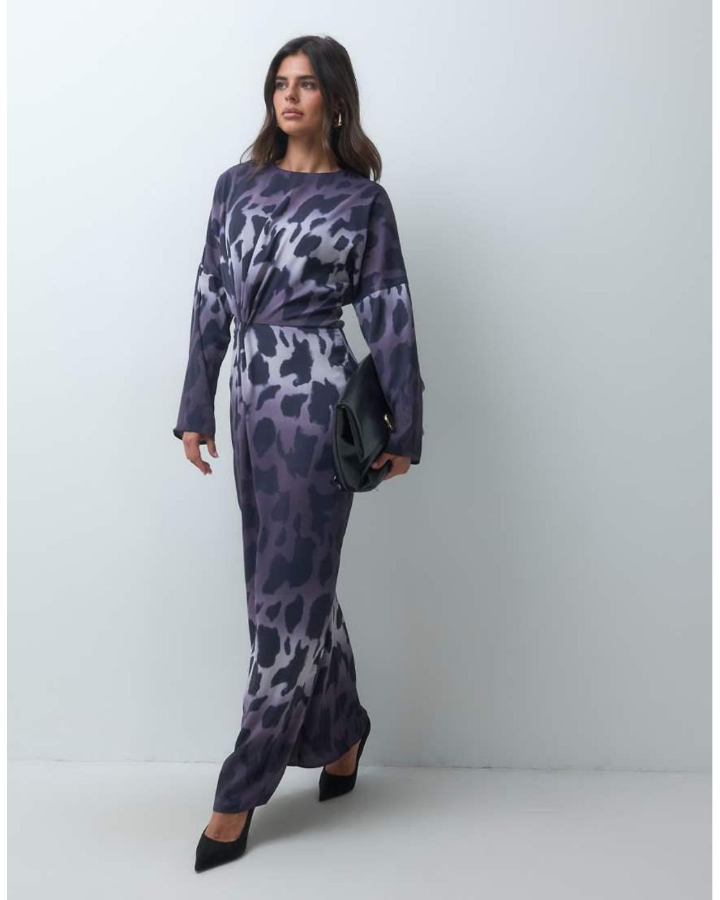 Iyal Blue Crepe Twist Front Detail Wide Sleeve Maxi Dress