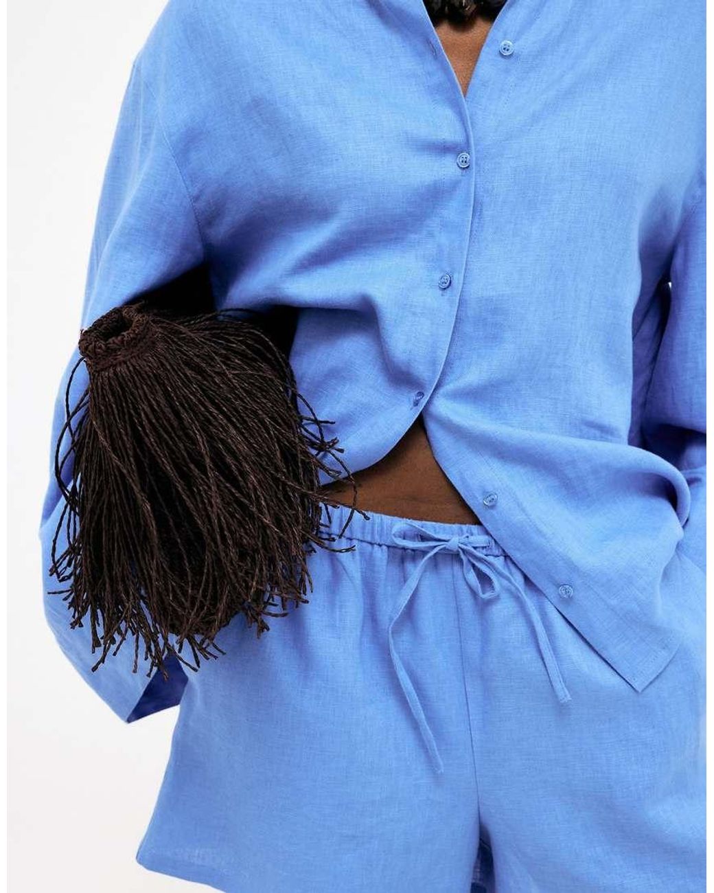 NA-KD Blue Drawstring Linen Shorts