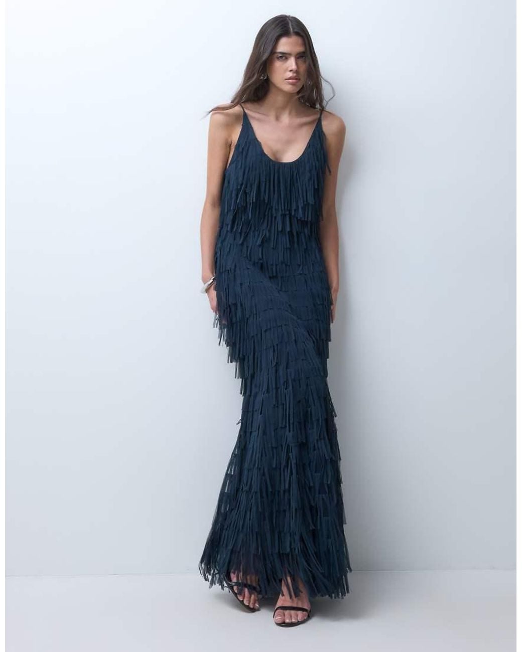 ASOS Blue Cami Cutout Back Ribbon Fringe Maxi Dress