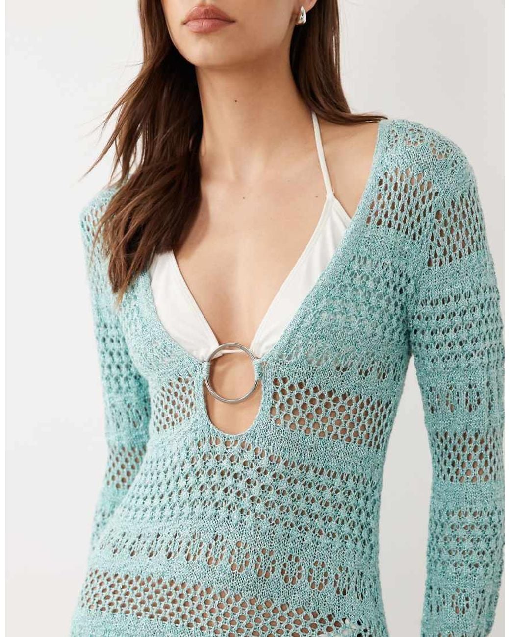 River Island Blue Long Sleeve Metallic Knitted Beach Dress