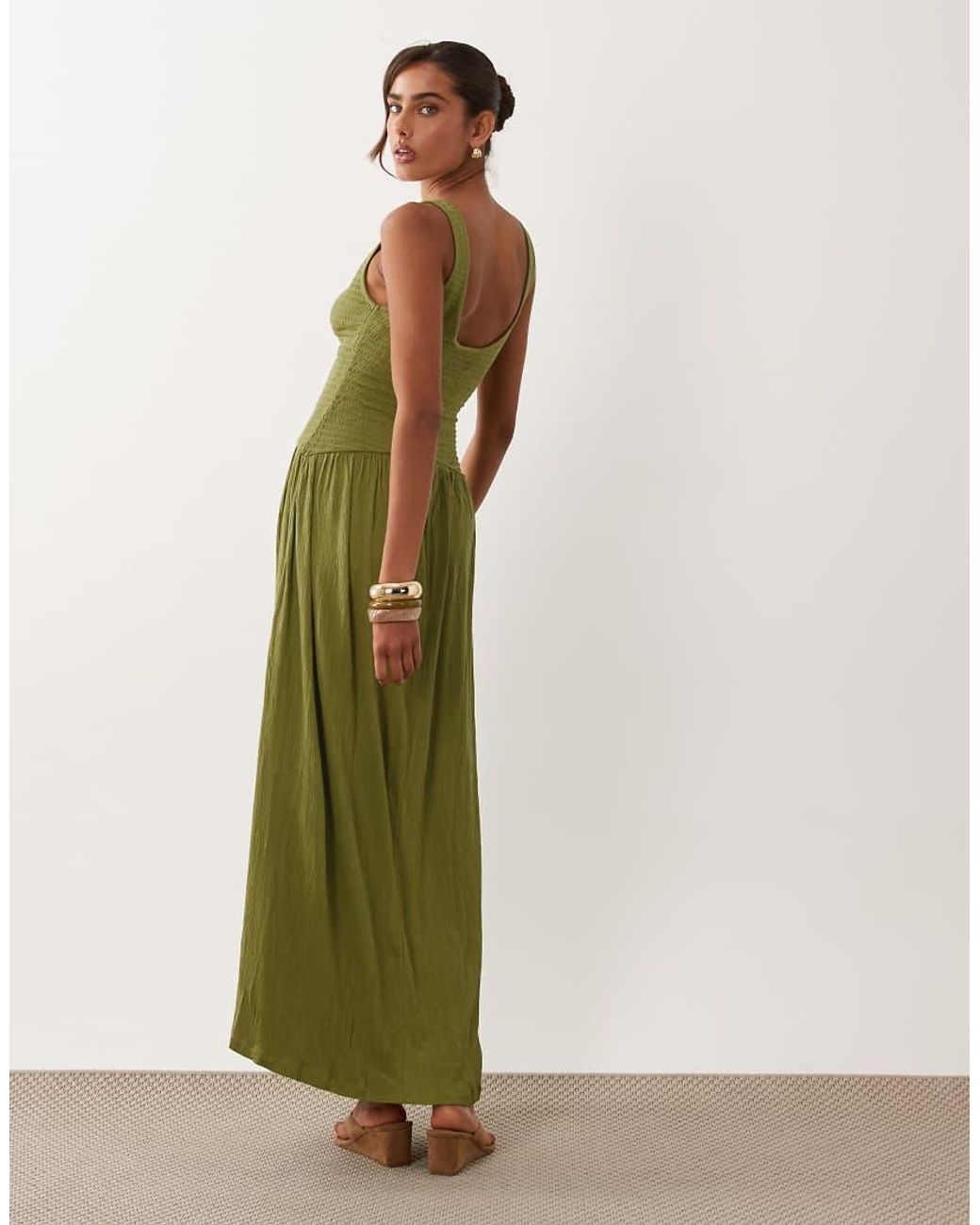 ASOS Green Crinkle Button Through Midi Dress