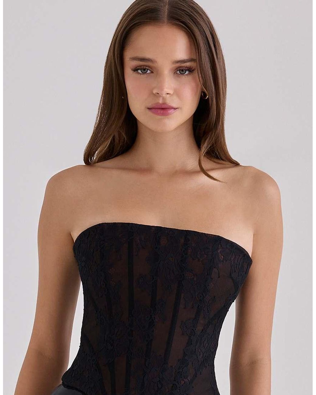 House Of Cb Black Mira Lace Longline Strapless Corset Top