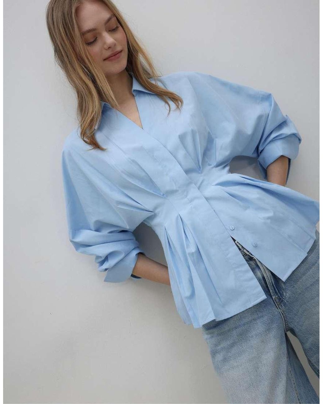 Stradivarius Blue Poplin Shirt With Pleats