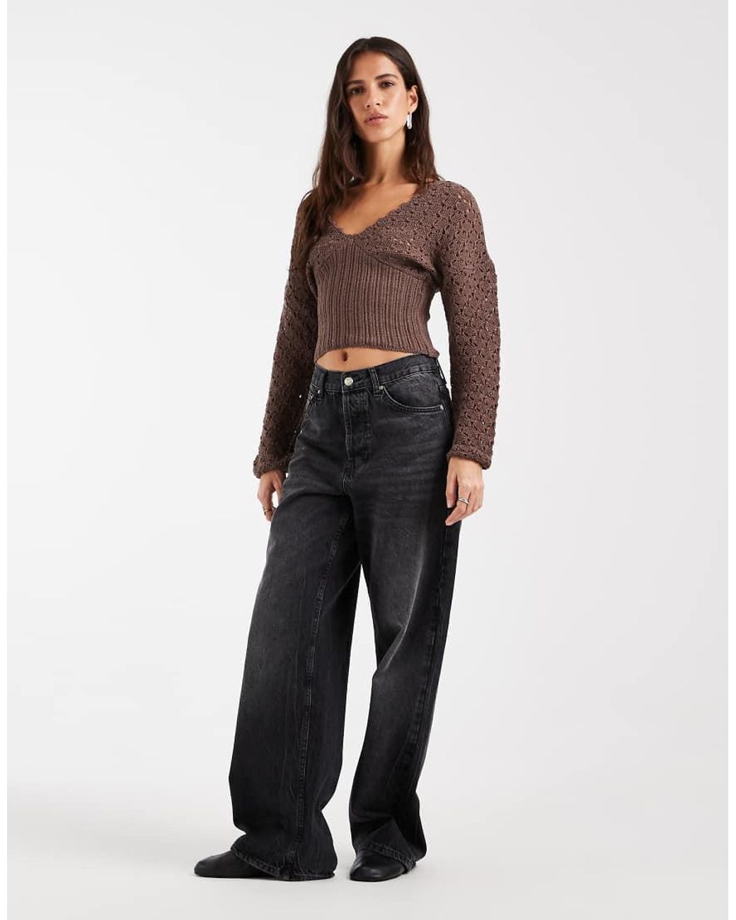 ASOS Brown Knitted Plunge Cinch Long Sleeve Top
