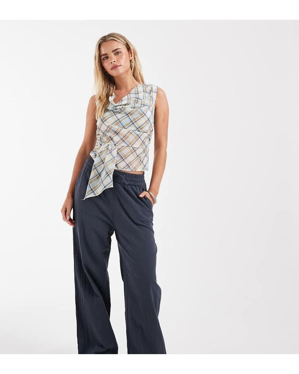 Only Petite Blue Wide Leg Linen Look Trousers