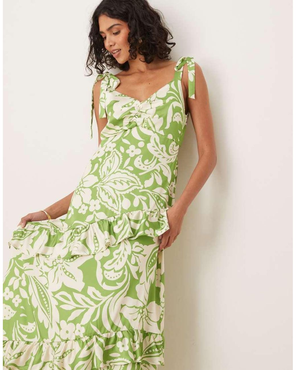 Lovedrobe Green Tie Shoulder Ruffle Midaxi Dress