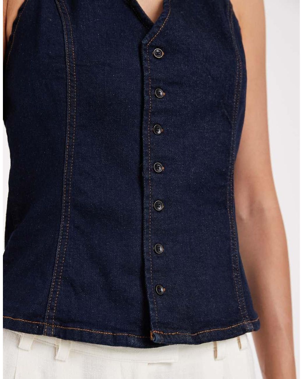 Pieces Blue Halterneck Button Front Denim Top