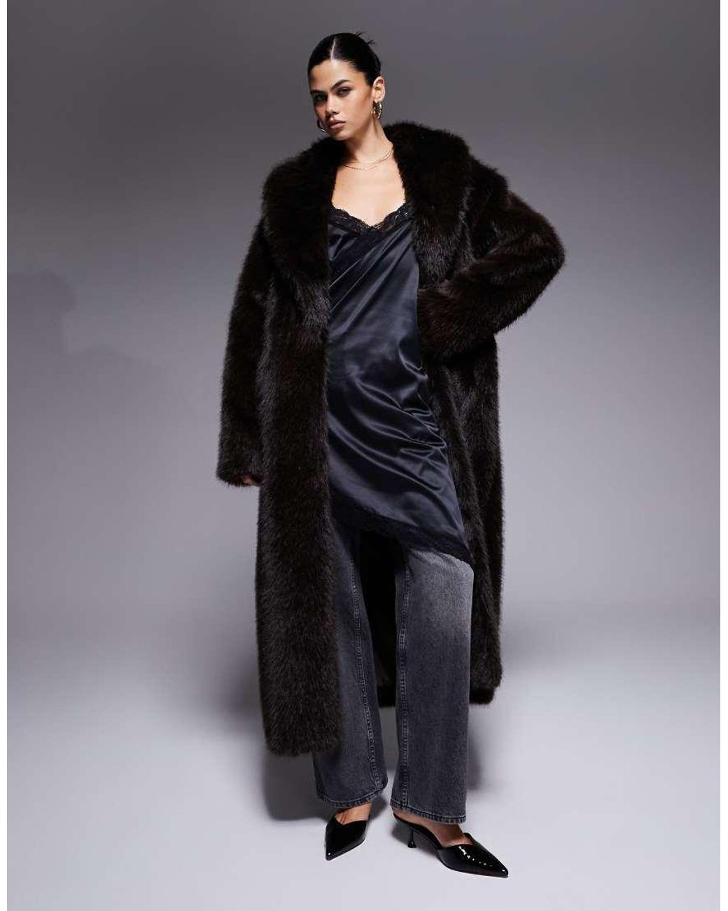 Aria Cove Black Oversized Collared Maxi Faux Fur Jacket