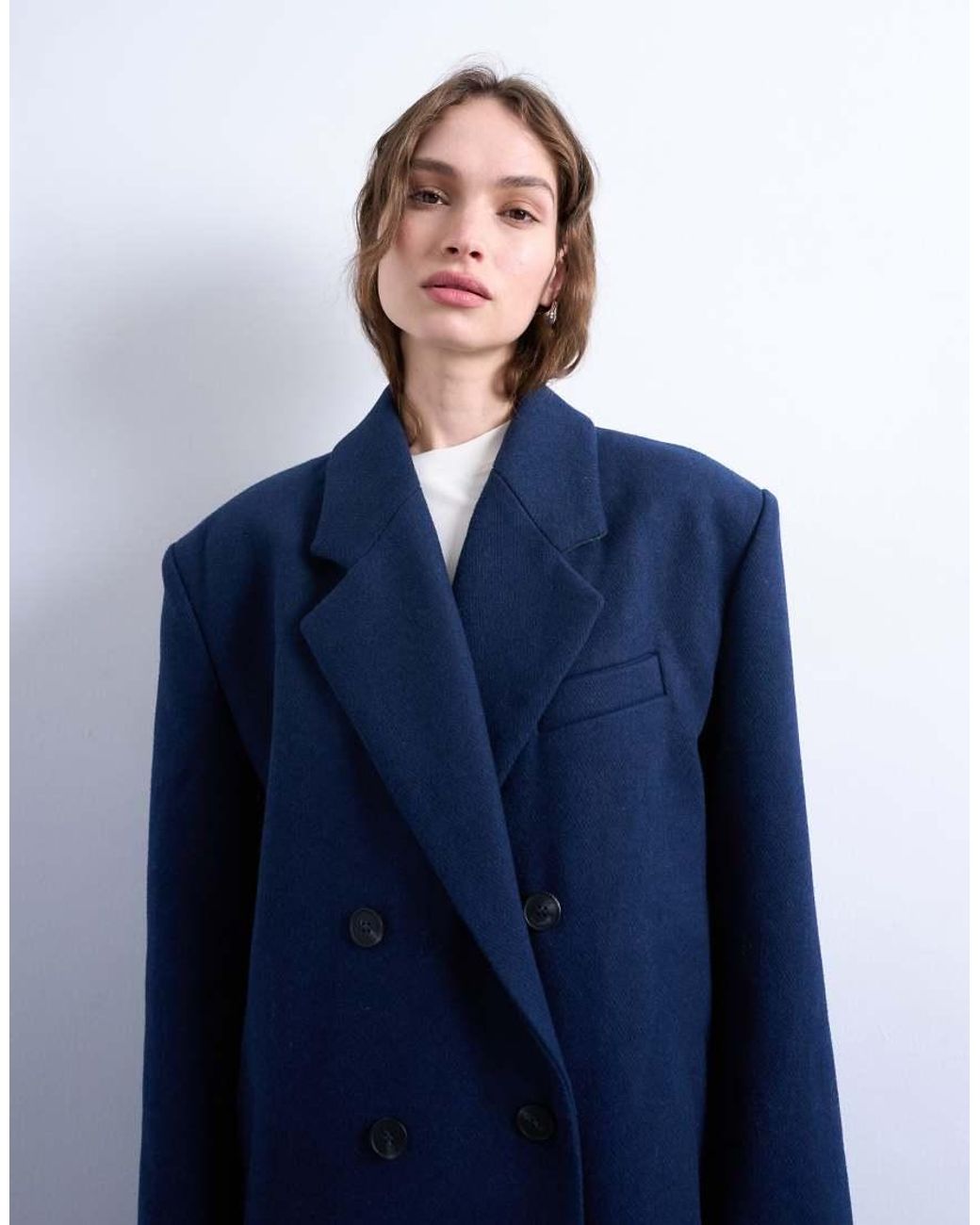 TOPSHOP Blue Oversized Double Breasted Mensy Overcoat With Wool