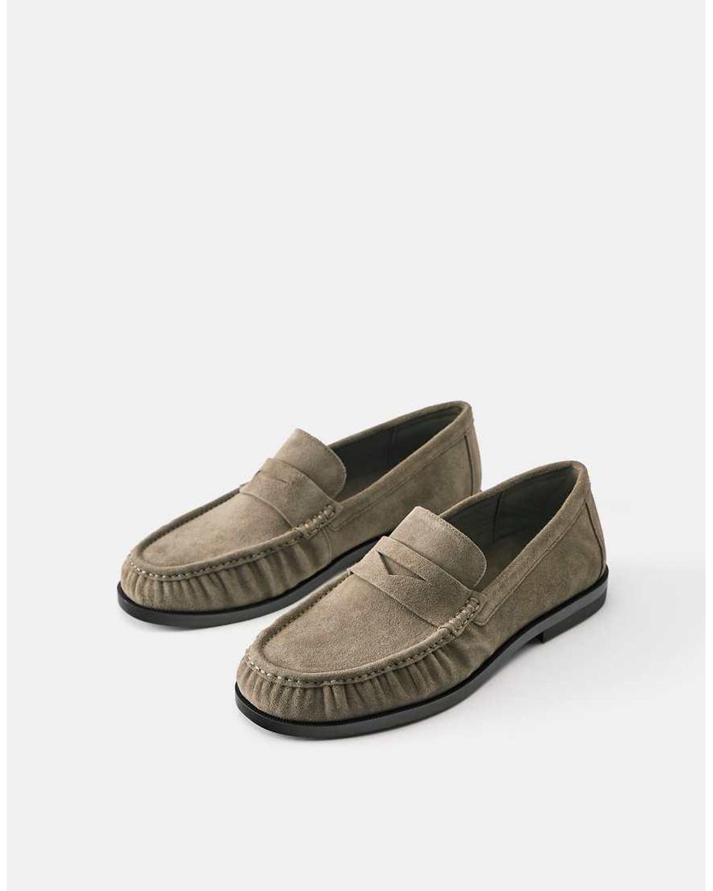 Pull&Bear Brown Gathered Leather Loafers for men