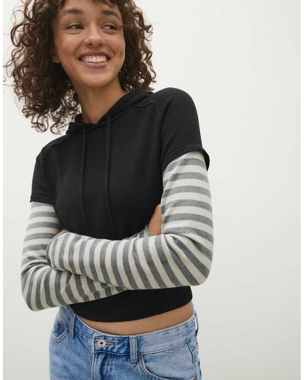 Bershka Gray Hooded Sweater With Contrast Sleeves
