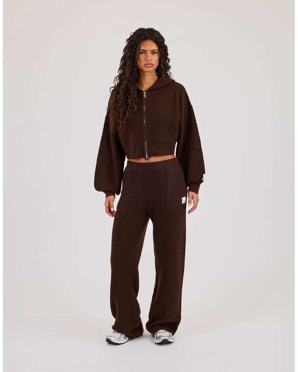CERNUCCI Brown Waffle Knit Cropped Zip Through Hoodie