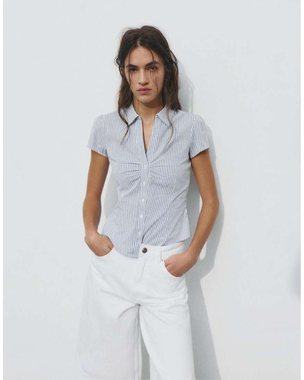 Pull&Bear Blue Gathered Short Sleeve Shirt