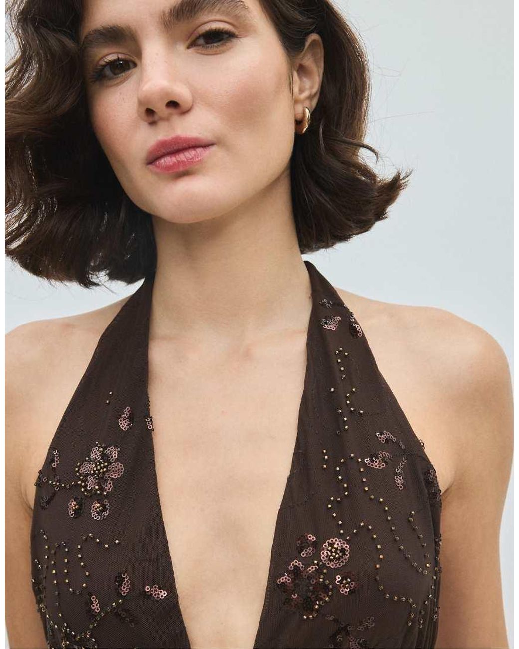 Stradivarius Brown Embroidered Halter Top With Rhinestones