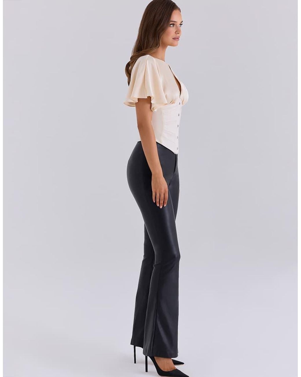 House Of Cb Blue Kristina Vegan Leather High Rise Flare Trousers