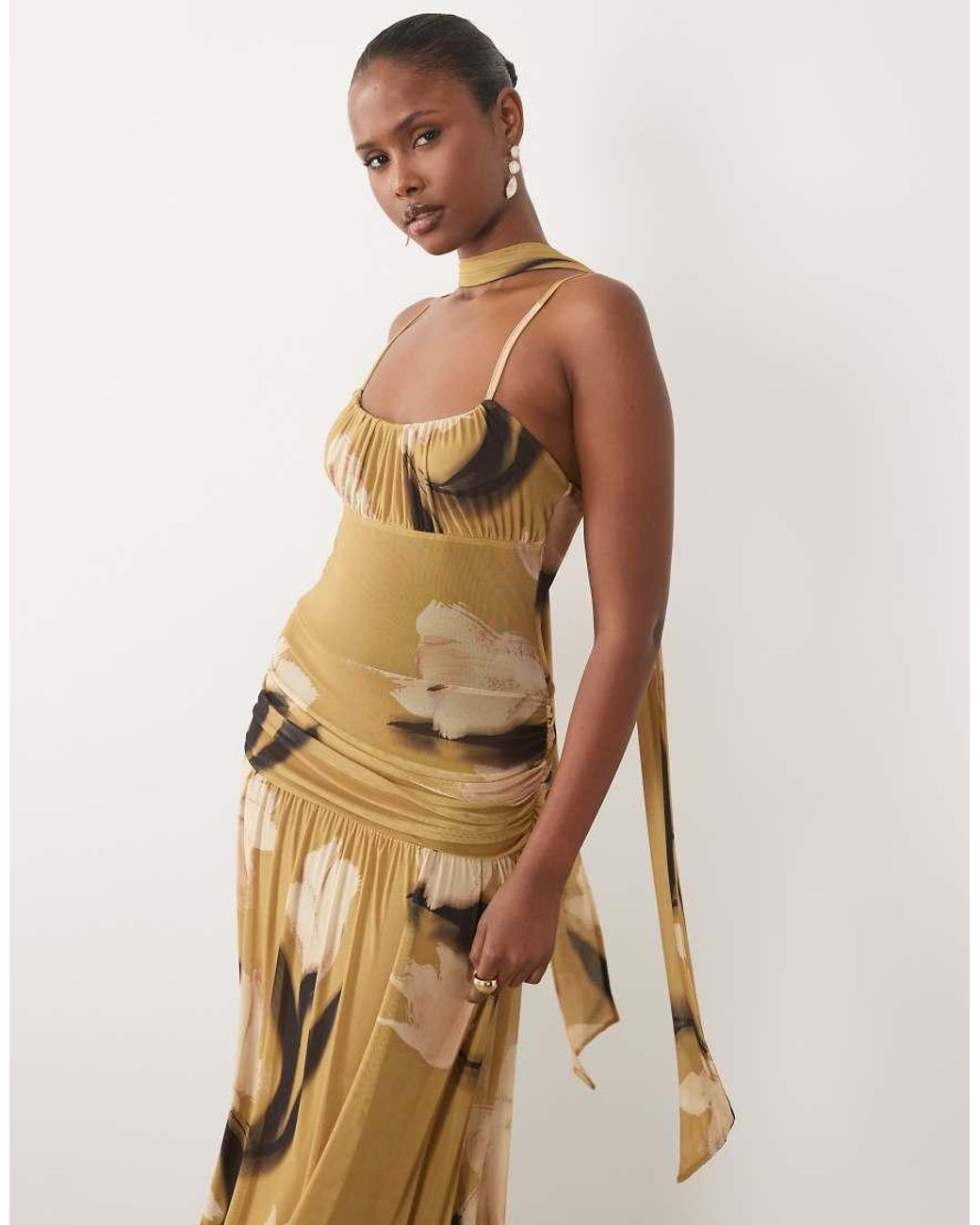 ASOS Natural Printed Mesh Ruched Bust Maxi Dress With Scarf Detail