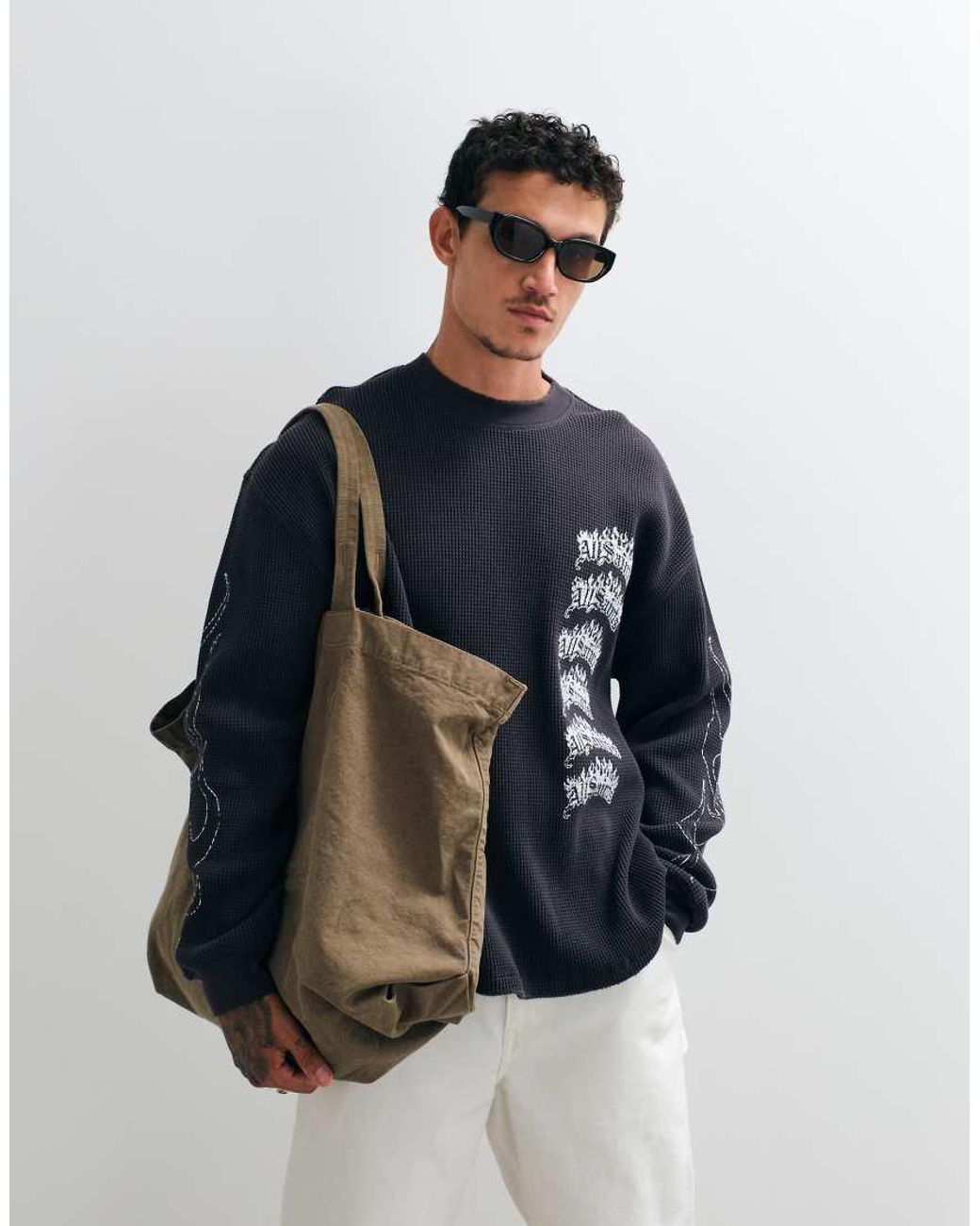 AllSaints Blue Incendo Long Sleeve Graphic Logo Waffle T-Shirt With Back Print for men