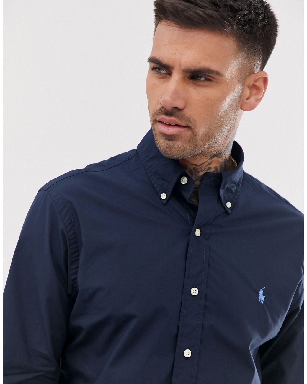 ralph lauren navy blue slim fit poplin shirt