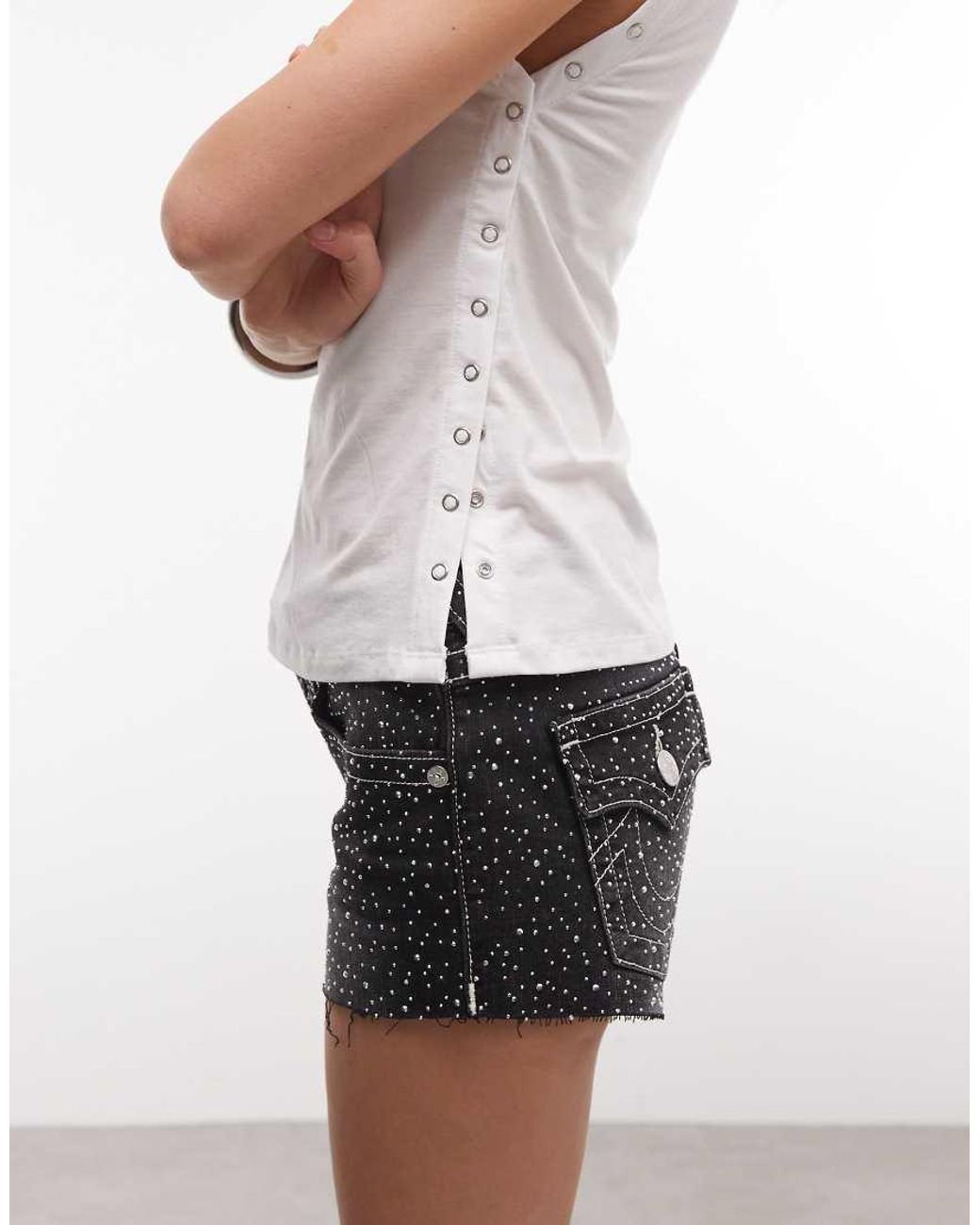 True Religion Black All Over Crystal Joey Low Rise Flap Pocket Denim Cut Off Shorts