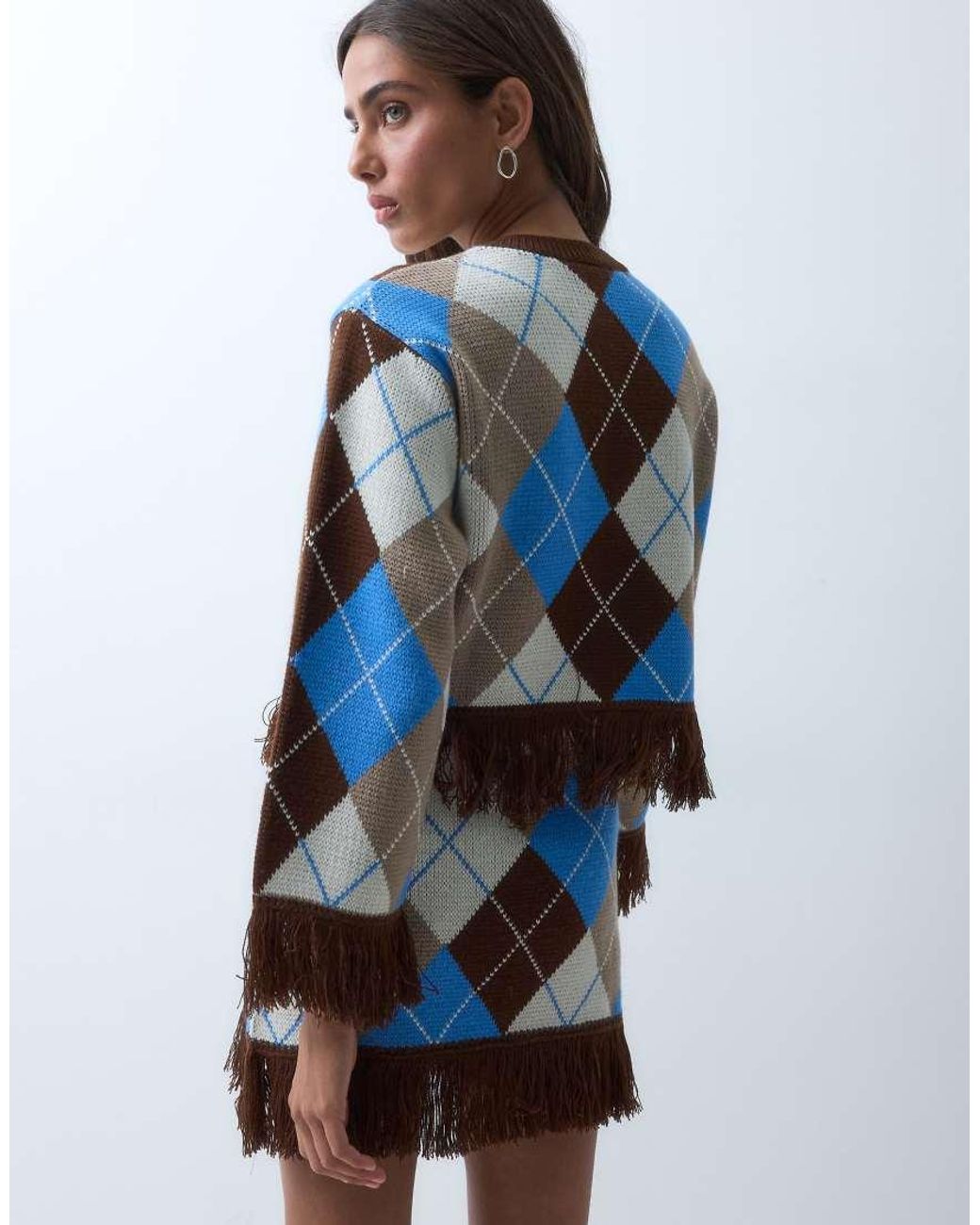 ASOS Blue Jacquard Fringe Hem And Sleeve Cardigan