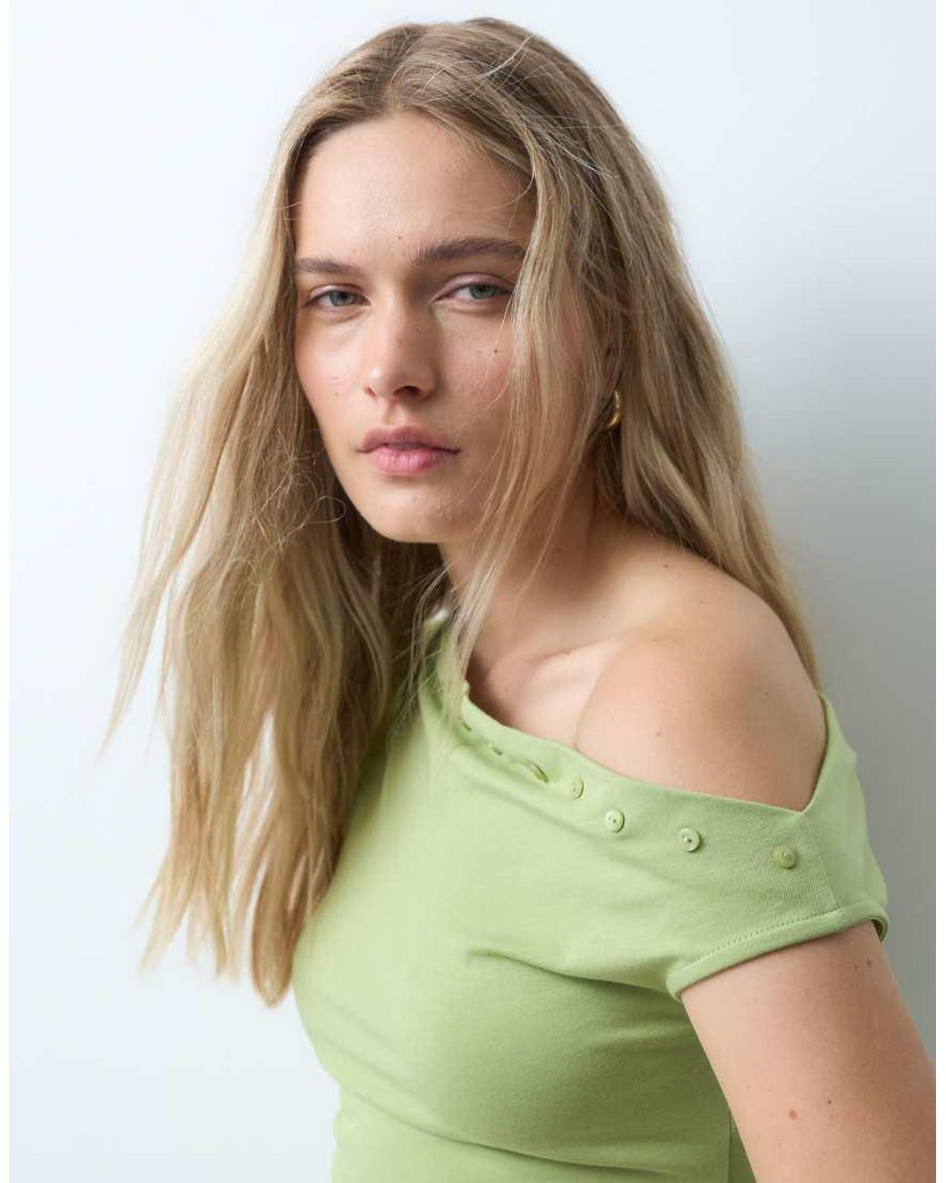 JJXX Green Asymmetric Shoulder Top With Button Detail