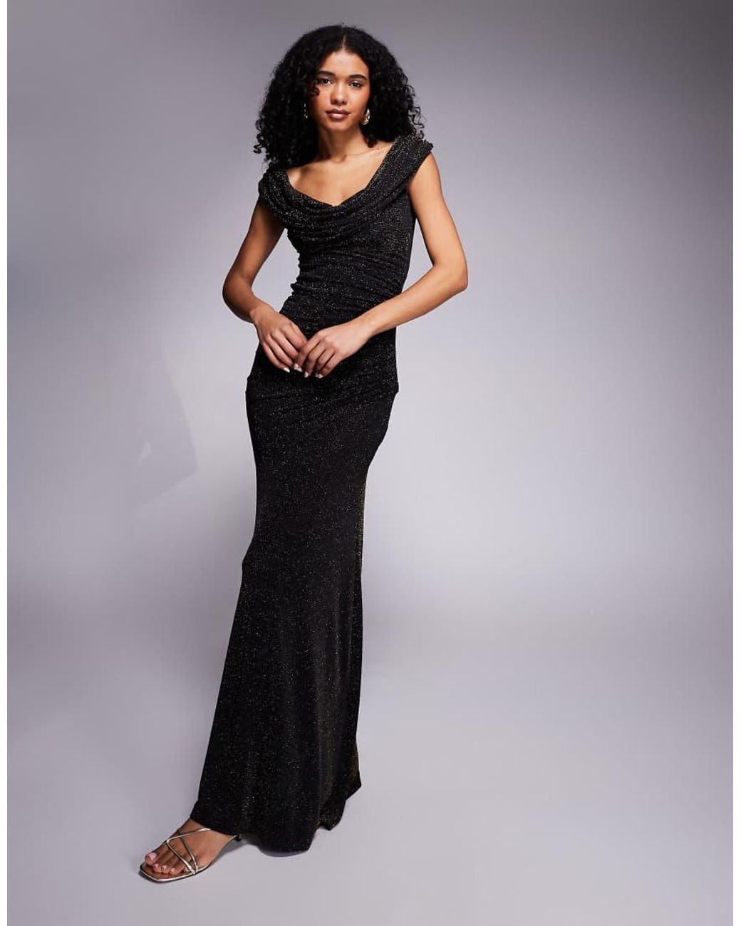 Goddiva Black Sparkle Cowl Neck Off The Shoulder Maxi Dress