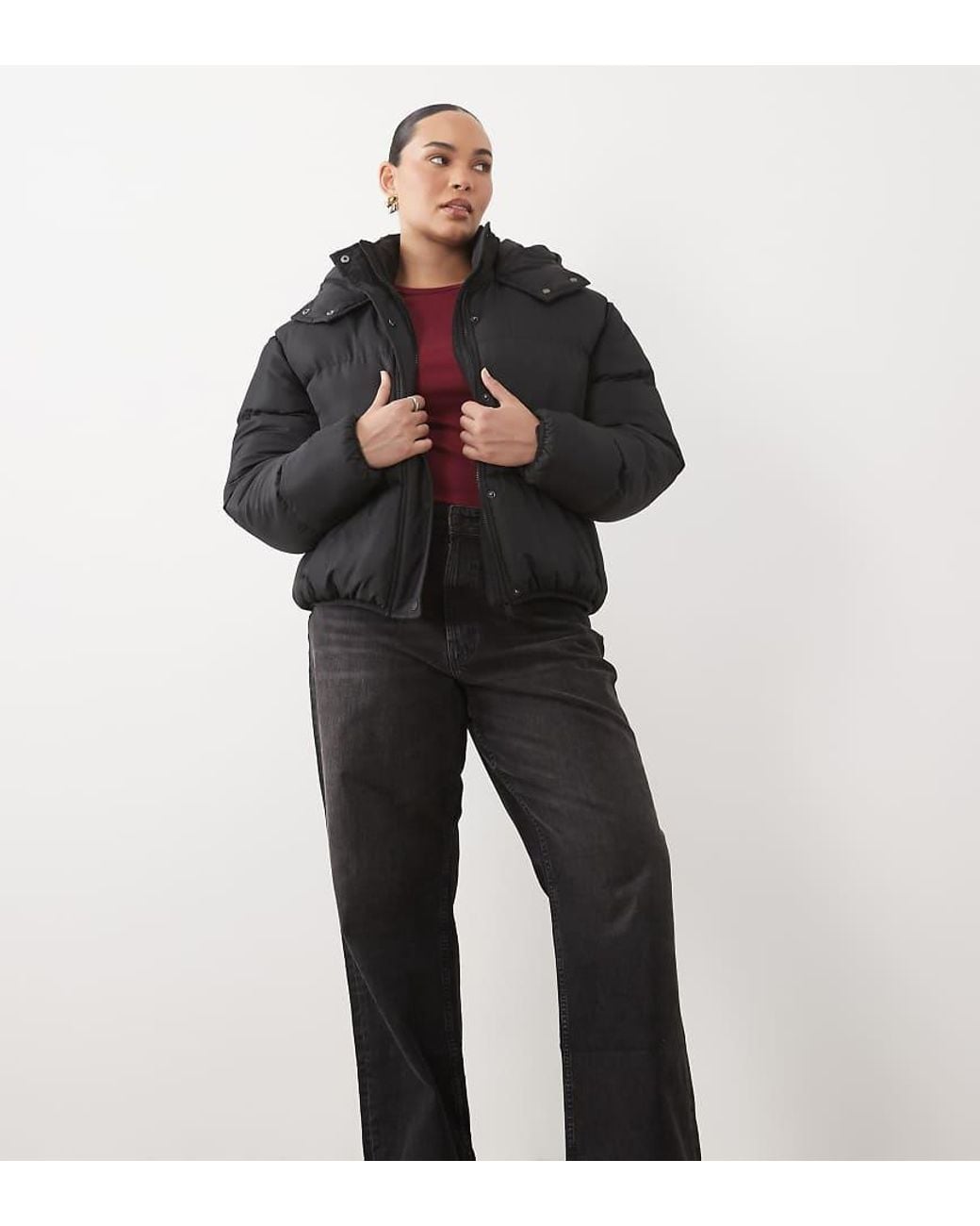 Brave Soul Black Curve Short Puffer Jacket With Hood