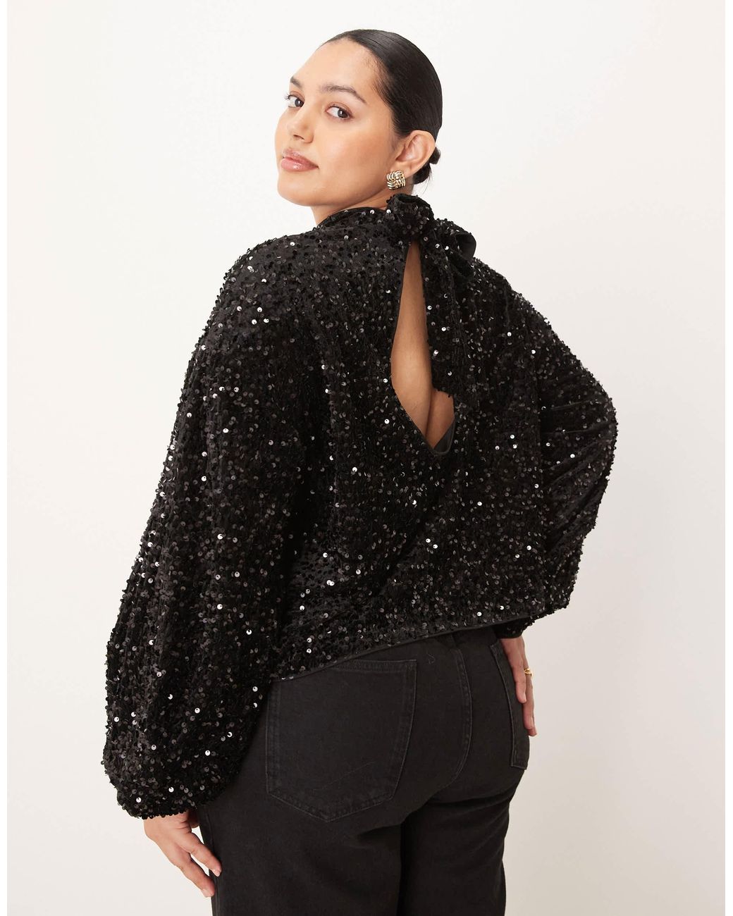 ASOS Asos Design Curve Velvet Sequin Open Back Long Sleeve Blouse in ...
