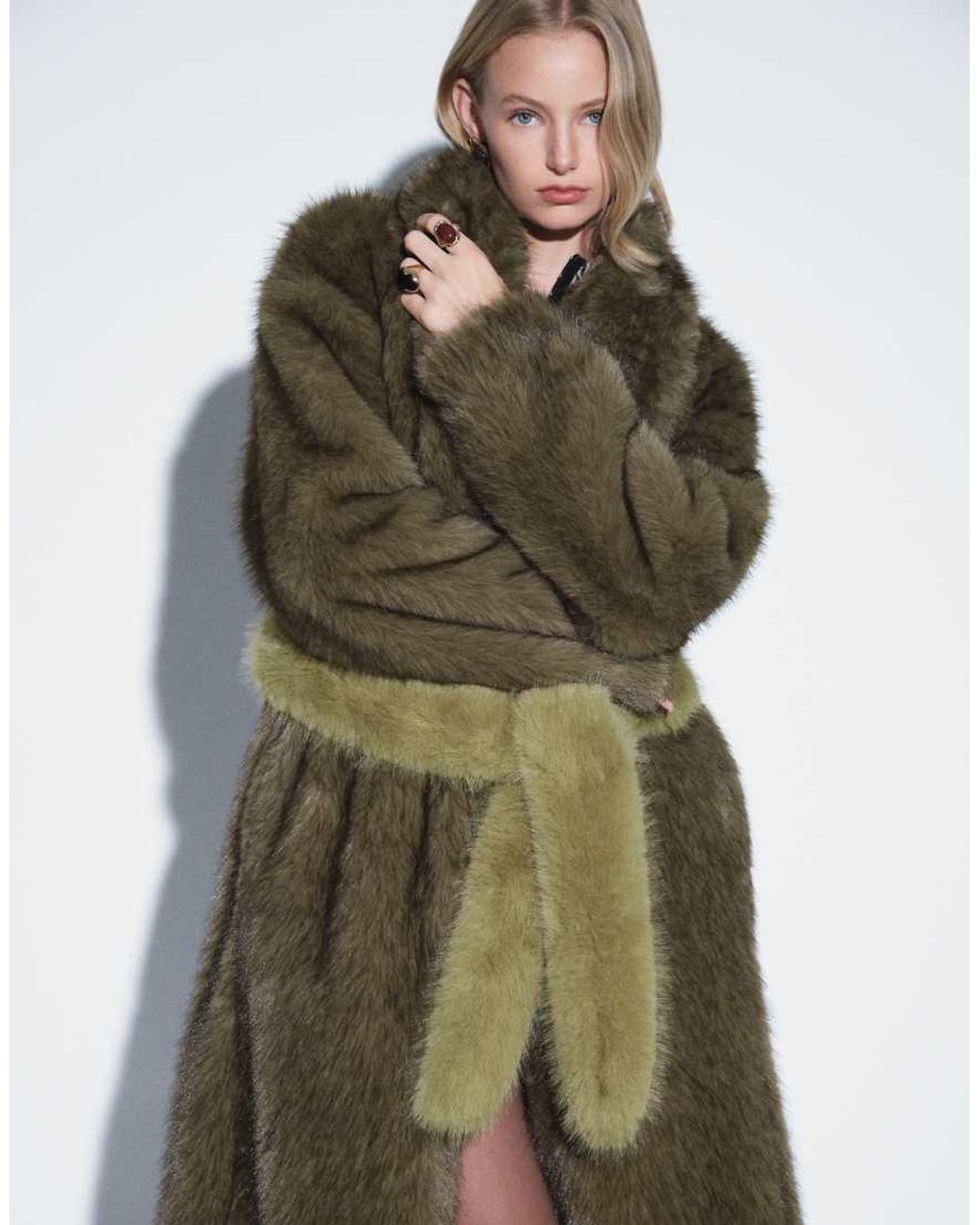 Muse Assembly Natural Longline Faux Fur Jacket With Detachable Mittens And Tie Waist