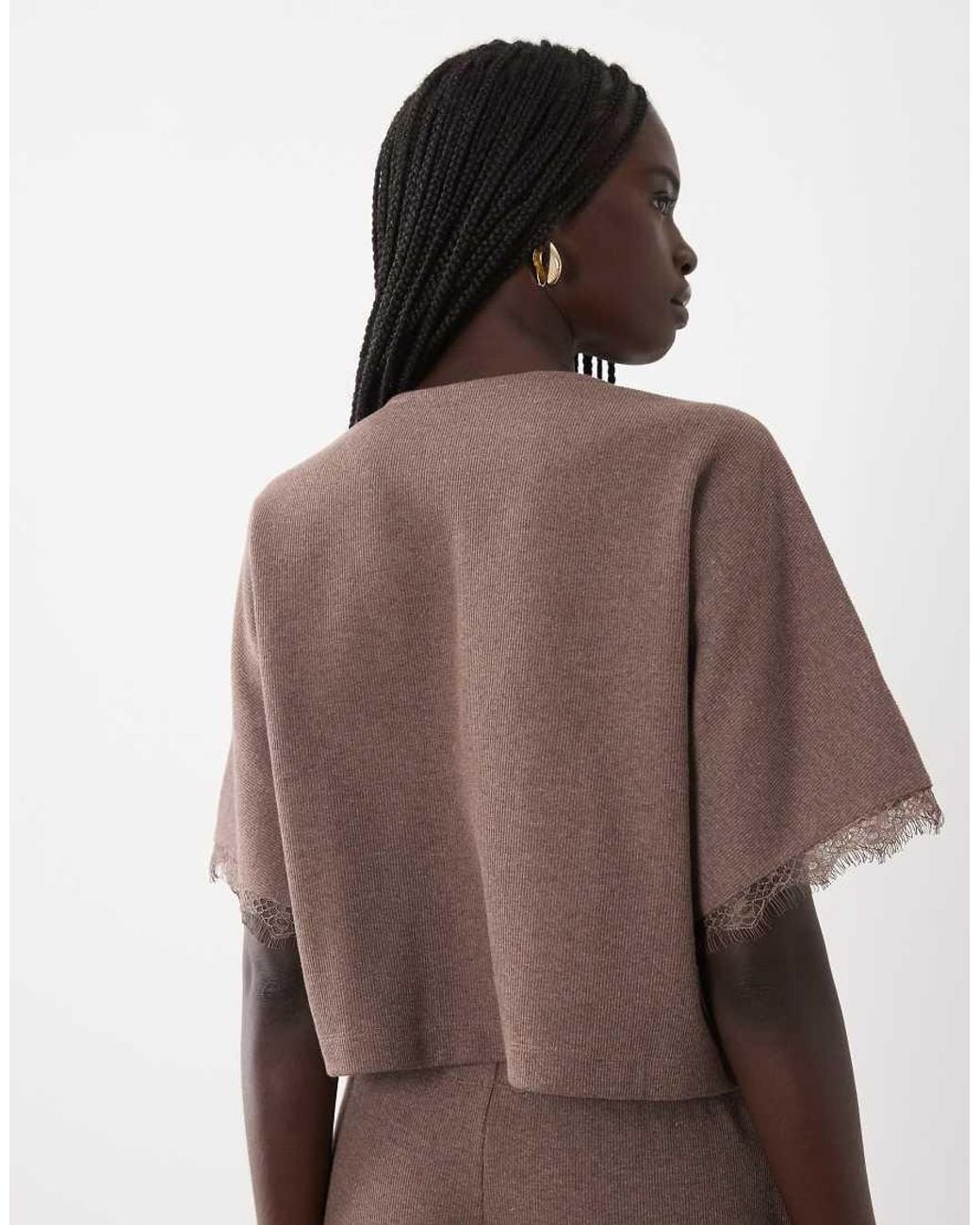 Miss Selfridge Brown Batwing Button Up Top With Lace Trim