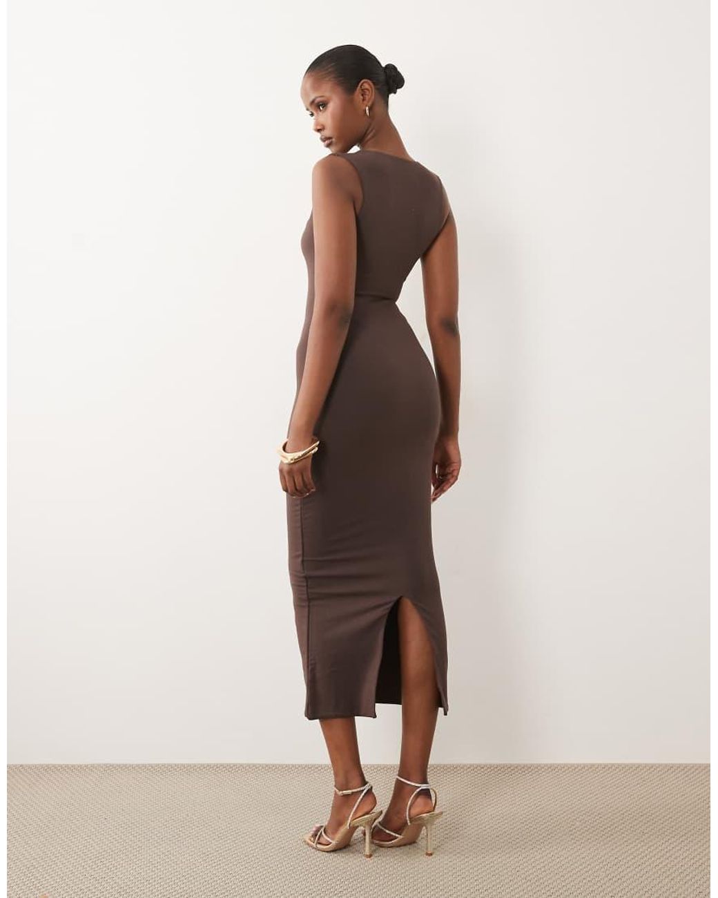Oh Polly Natural Modal Square Neck Slinky Midi Dress
